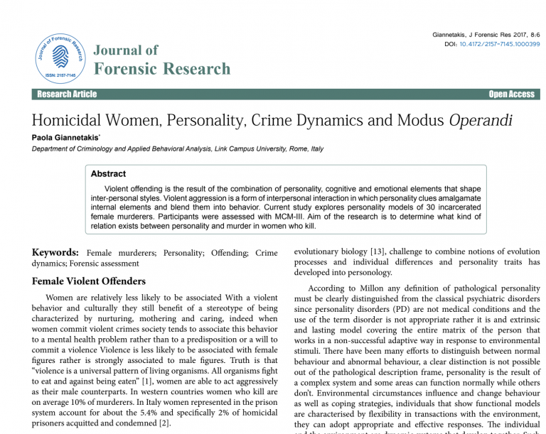 La ricerca sulle donne assassine della Prof.ssa Paola Giannetakis pubblicata su Journal of Forensic Research